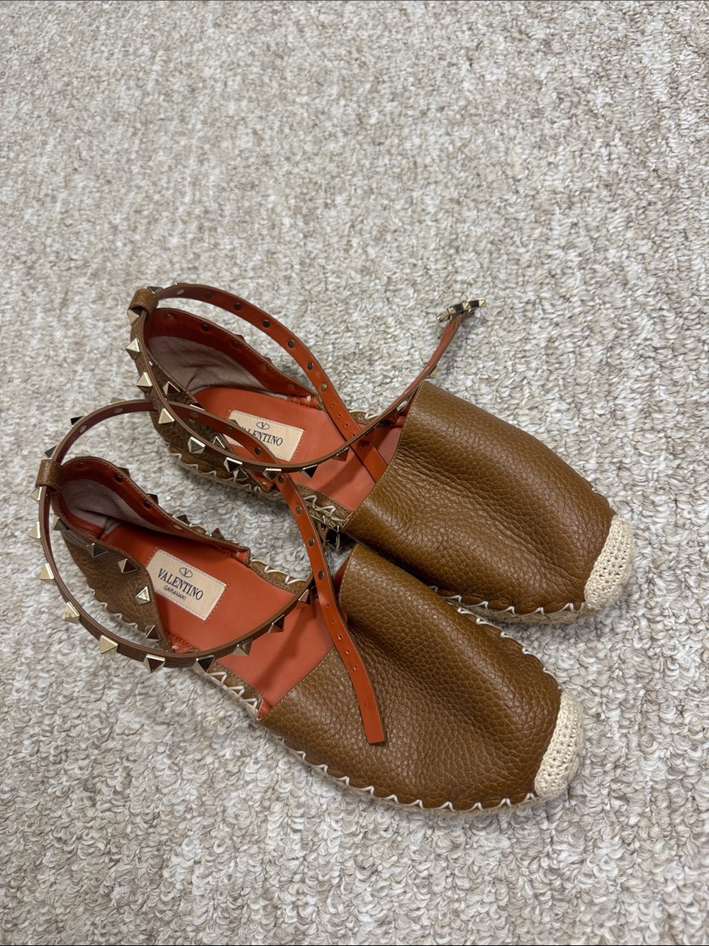 Valentino Brown Leather Studded Espadrille Sandals with Tan Trim